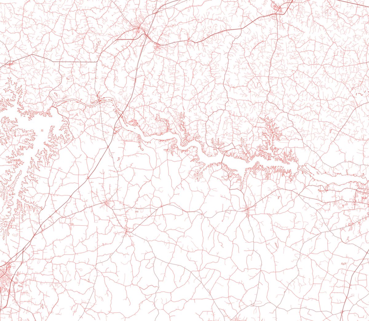 looking down at blood vessel like streets makes you feel like a part of an organism. A bit of the Virginia/North Carolina border, where Virginia counties to the north seem to have 2X the dead ends per mile that North Carolina counties do- according to TIGER/line 2022 roads files