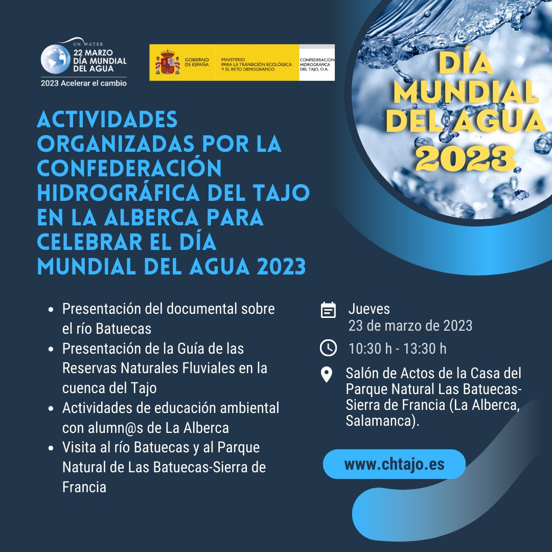 El 23 de marzo, en La Alberca, con motivo de la celebración del #DiaMundialDelAgua, presentamos el documental sobre la #RNF Río Batuecas y la Guía de las RNF en la cuenca del #Tajo. Terminaremos con una visita al río Batuecas con alumn@s de la zona.
👉 bit.ly/3JqgA7P