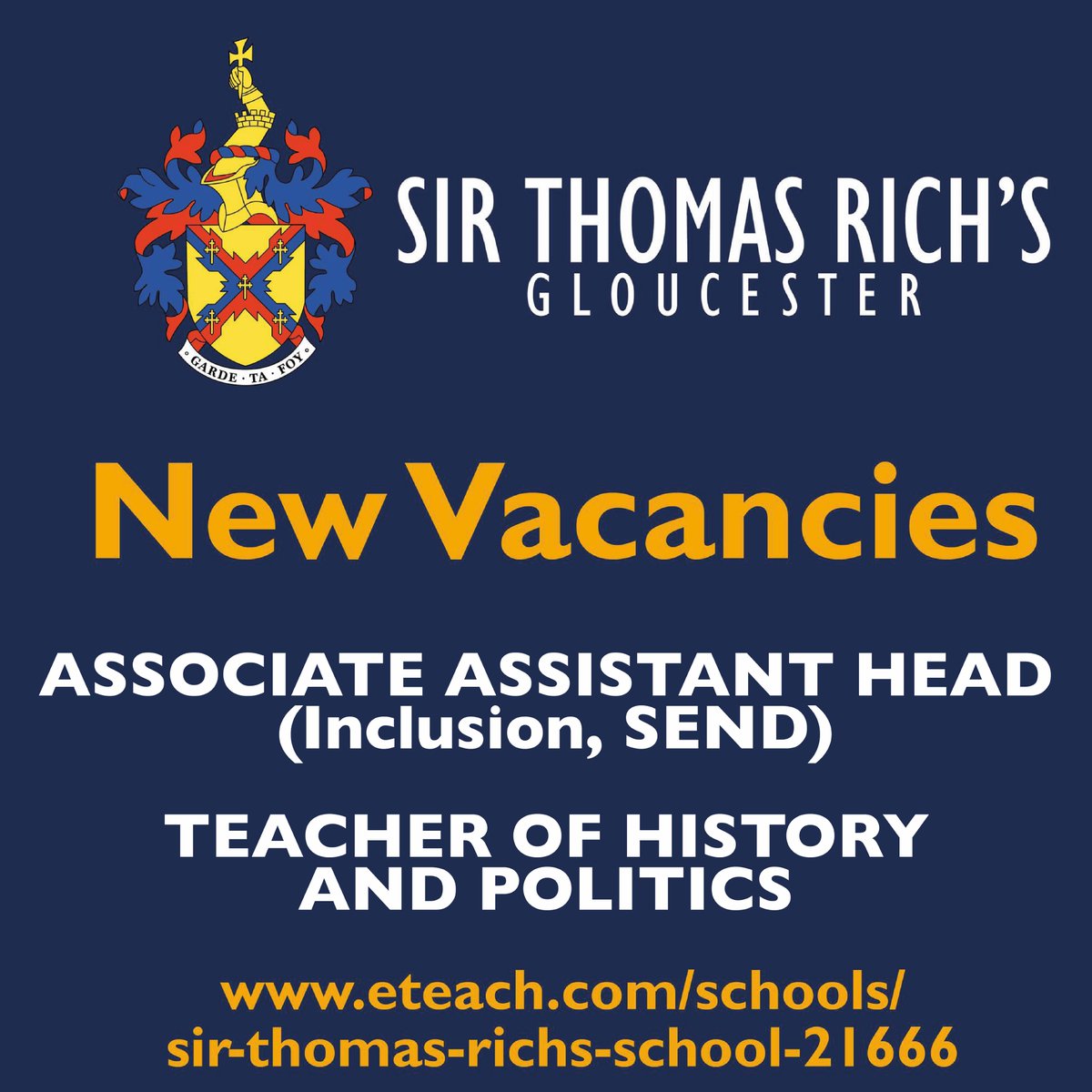We're recruiting for an Associate Assistant Head (Inclusion/SEND) and for a Teacher of History and Politics. Closing date 9am 31 March, see our eteach page for full details and to apply: eteach.com/schools/sir-th….
#GloucesterTeachingJobs #TeachingJobs  #GloucestershireTeachingJobs
