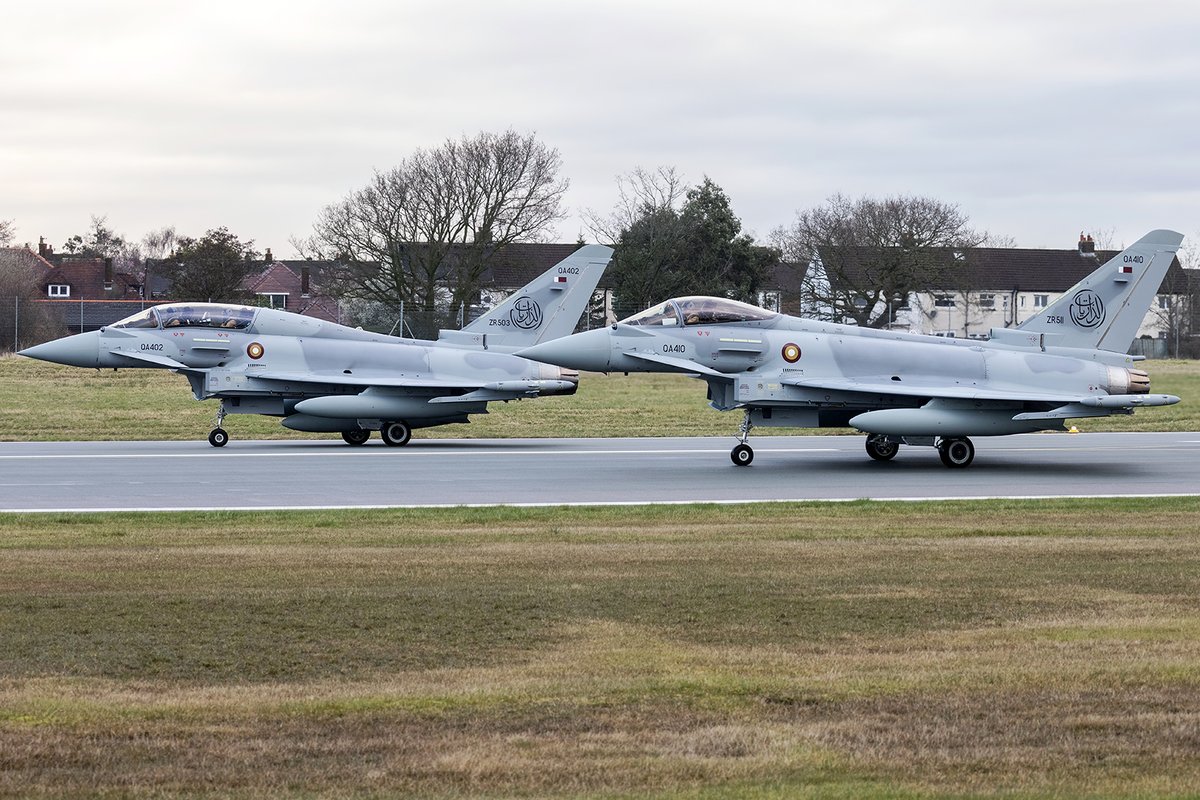 Charles022's tweet photo. Another batch of @eurofighter Typhoons on their way to Qatar. Wouldn't be a delivery day without the usual Warton weather. Only one more twin-stick left for delivery now. #eurofighter #qatar #qataremiriairforce #airforce #military #baesystems #aviation https://t.co/CA76jYiOzK