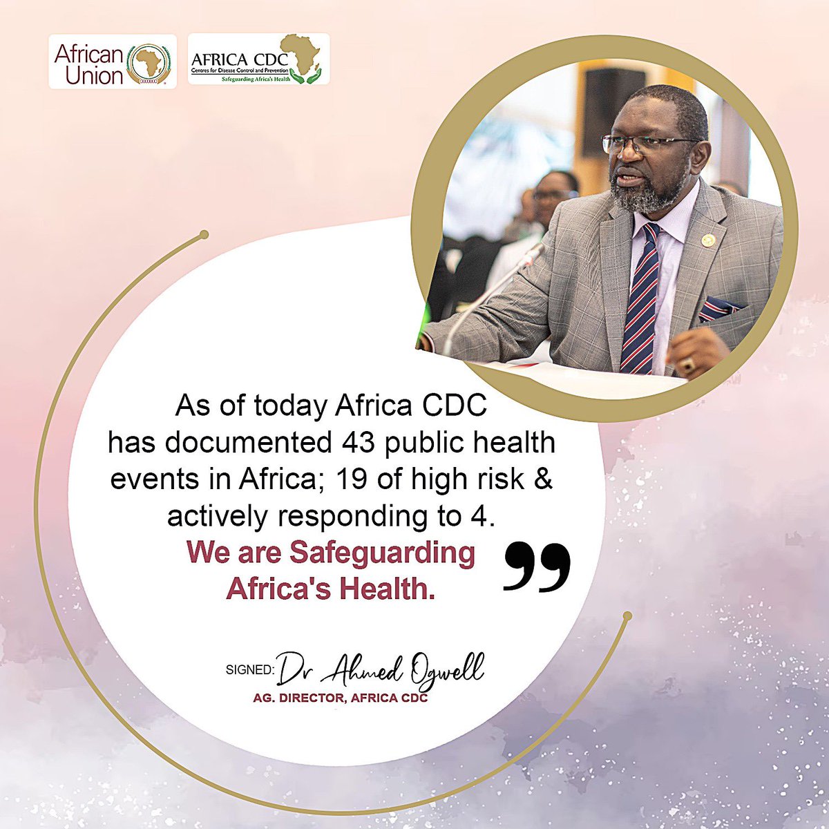 𝔻𝕣. 𝔸𝕙𝕞𝕖𝕕 𝕆𝕘𝕨𝕖𝕝l - FAPH (@laktarr001) on Twitter photo Today, <a href="/AfricaCDC/">Africa CDC</a> is actively addressing each of the 43 outbreaks in Africa, arresting most of them, & therefore keeping the continent safer. We are safeguarding Africa’s health.
#NewPublicHealthOrder
#Agenda2063
<a href="/_AfricanUnion/">African Union</a> Today, <a href="/AfricaCDC/">Africa CDC</a> is actively addressing each of the 43 outbreaks in Africa, arresting most of them, & therefore keeping the continent safer. We are safeguarding Africa’s health.
#NewPublicHealthOrder
#Agenda2063
<a href="/_AfricanUnion/">African Union</a>