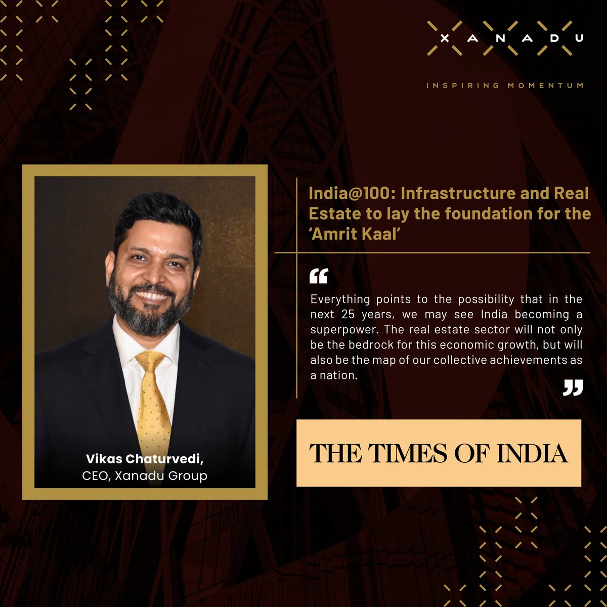Xanadu_Realty's tweet photo. Our CEO Vikas Chaturvedi on India @ 100 and how RE & Infrastructure will lay the foundations for 'Amrit Kaal'.
The Times Of India: https://t.co/XCN50eGl9j
#InspiringMomentum #CEOSpeak #OpinionPiece https://t.co/D7gVnfxpvk