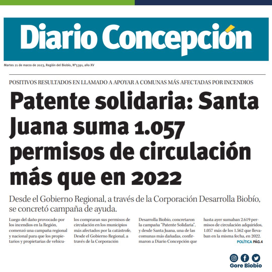🗞️ PRENSA | Este martes, el <a href="/DiarioConce/">Diario Concepción</a> destaca el alza en pagos de permisos de circulación en una de las comunas más afectadas por los incendios forestales. Hasta el día de hoy, <a href="/MuniSantaJuana/">Municipalidad de Santa Juana</a> suma 1.057 permisos más que en 2022.