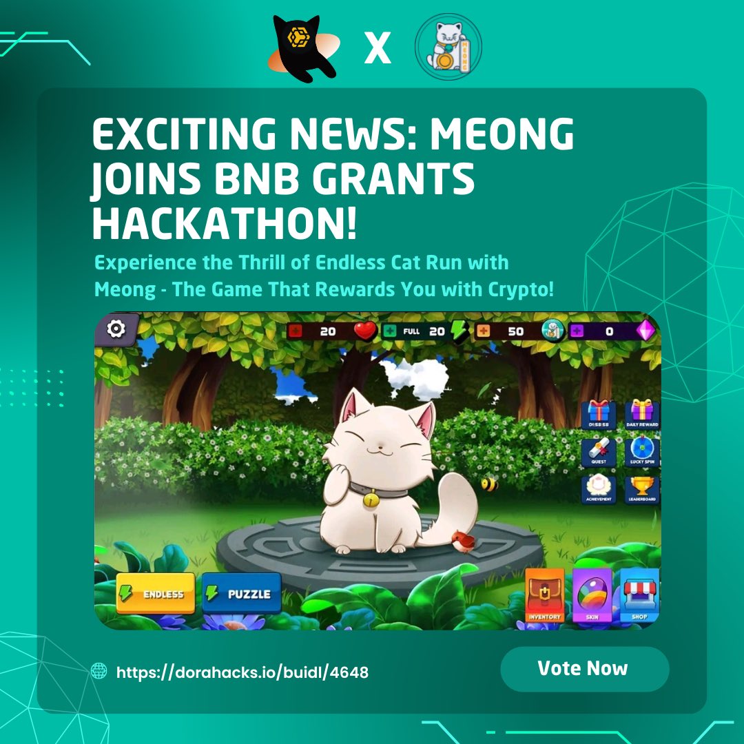 🚀 Exciting news! Meong joins BNB Grants Hackathon with our endless cat run game that rewards players with crypto. 

🐱🎉 Stay tuned for updates on our journey towards building a user-centric gaming ecosystem. 

#Meong #BNBGrants #BNB #Crypto #P2E