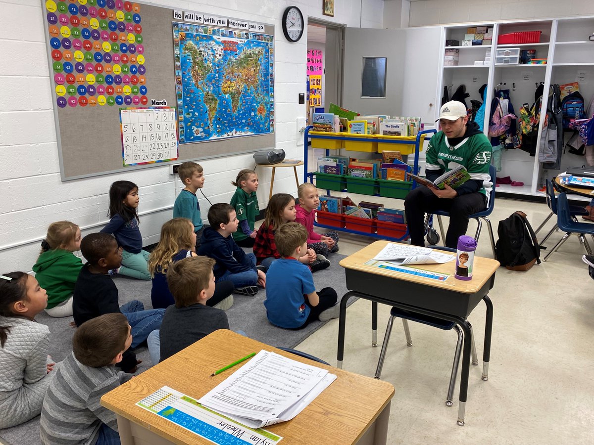 Huge thanks to <a href="/brettlauther/">Brett Lauther</a> and the <a href="/SaskRidersFDN/">Saskatchewan Roughrider Foundation</a> for reading to and visiting with our students.  <a href="/HolyTrinitySD/">Holy Trinity</a>