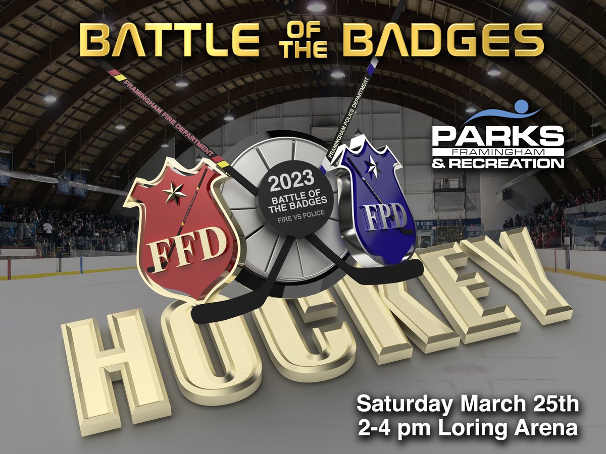 FraminghamFire's tweet photo. The Battle of the Badges Hockey Game is back on: Sat, 3/25 at 2 pm. Watch the #Framingham Fire Jakes & Framingham Police Blue Liners go head to head in this year's showdown. Admission is FREE. Spread the word to support your local fire & police depts! #hockey #firevspolice https://t.co/BoRBXyzsp6