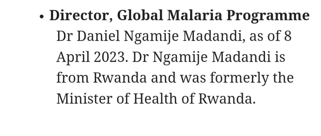 Mama Urwagasabo Tv (@mamaurwagasabo1) on Twitter photo Breaking News:
Dr. <a href="/DrDanielNgamije/">Dr. Ngamije Daniel</a> wahoze ari Minisitiri w'Ubuzima mu #Rwanda yagizwe Umuyobozi Mukuru ushinzwe gahunda yo kurwanya Malaria ku Isi. Azatangira izo nshingano nshya tariki ya 8 Mata 2023. Breaking News:
Dr. <a href="/DrDanielNgamije/">Dr. Ngamije Daniel</a> wahoze ari Minisitiri w'Ubuzima mu #Rwanda yagizwe Umuyobozi Mukuru ushinzwe gahunda yo kurwanya Malaria ku Isi. Azatangira izo nshingano nshya tariki ya 8 Mata 2023.