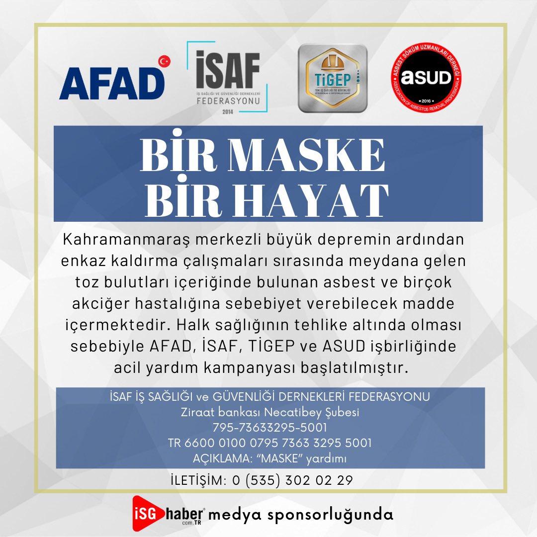 Deprem Bölgesi için #1Maske1Hayat kampanyamıza Tüm İş Sağlığı Güvenliği Eğitim Kurumları ve Profesyonelleri Derneği (TİGEP)tarafından 5000 Adet FFP2/FFP3 maske bağışını teslim aldık. <a href="/isafisg/">İş Sağlığı ve Güvenliği Dernekleri Federasyonu</a> <a href="/ASUD06/">Asbest Söküm Uzmanları Derneği(ASUD)</a> <a href="/FatihTten1/">Fatih Tüten</a> #isg #deprem #Safety #katiltozasbest #asbestos