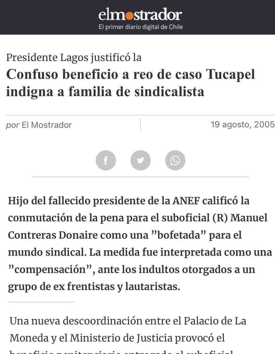 Recuerdo que expresidente Don <a href="/RicardoLagos/">Ricardo Lagos E.</a> otorgó un indulto muy controvertido al asesino de Tucapel Jiménez. Contreras D. nunca colaboró (ver proceso y declaraciones de familia) ni mostró arrepentimiento. Esa polémica no dejó espacio para nuevos indultos ciperchile.cl/2012/05/02/pun…