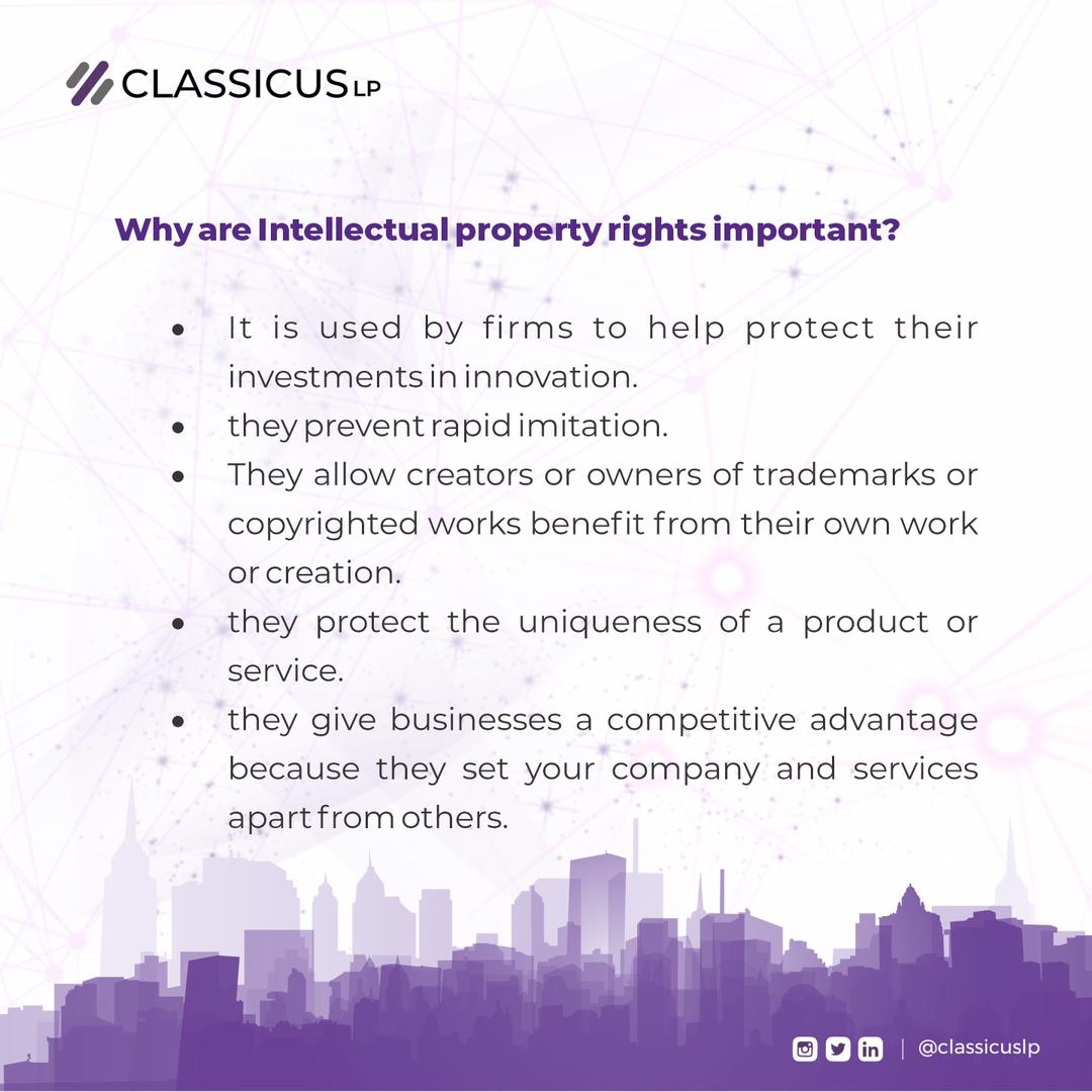 As inventors, business owners, it is important to utilize Intellectual Property Rights, to save us trouble of different kind.                                #classicuslp #intellectualpropertyrights #lawfirm #advocate #businesslawyer #lagosbusinesshub #solicitor #copyrights