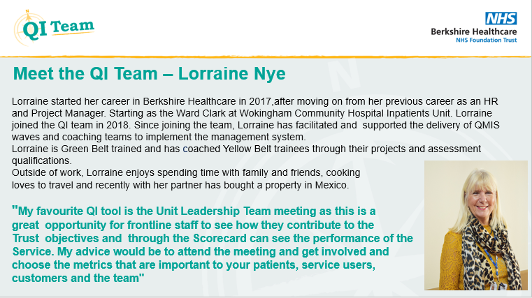 BerkshireQI's tweet photo. #MeettheQIteam – Our newest member of the team is Lorraine who has returned to the team as a Quality Improvement Practitioner in our #QMIS workstream https://t.co/wvnt1jDqf3