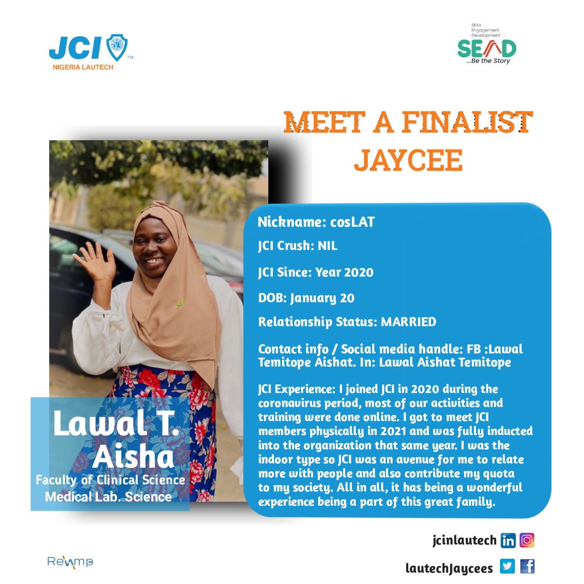 jcilautech's tweet photo. Meet a JCINLAUTECH finalist
A young enterprising leader, actively playing roles as jaycees and making positive impact in their Immediate surroundings.
Here is a Finalist....THE FACE OF JCINLAUTECH
#TheFinalist
#SEnD2023
#REVAMP
#SendingForward
#BeTheStory
#NewGoals
#jcinlautech https://t.co/8LavV1u21q
