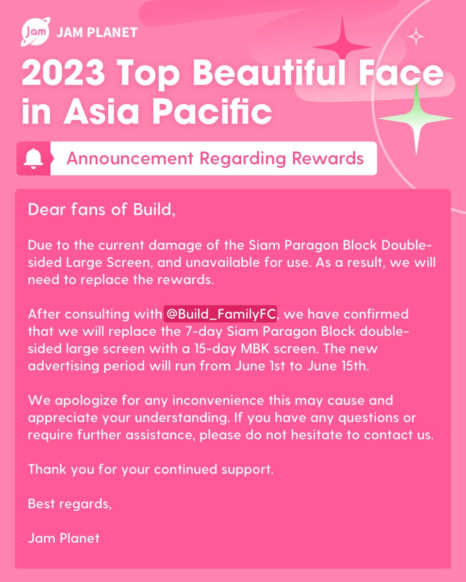 JAM__PLANET's tweet photo. 🏆2023 Top Beautiful Face in Asia Pacific

📌Announcement Regarding Rewards

✨If you have any questions or require further assistance, please do not hesitate to contact us.
@Build_FamilyFC 
#BuildJakapan #Beyourluve 
#JamplanetxBuildJakapan https://t.co/ViKBOGa8XF