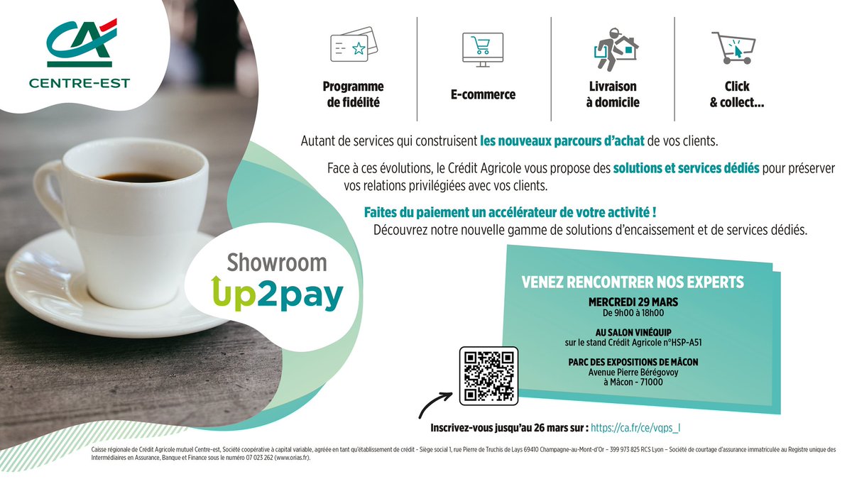 Le Crédit Agricole Centre-Est sera présent au Salon Vinequipe stand HSP-A51 au Parc des Expositions de Mâcon le 29 mars 2023. Nos experts monétiques seront à vôtre disposition pour vous présenter les solutions adaptées à vos besoins. #cacentrest Crédit agricole Centre-est #Caps