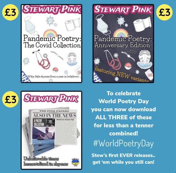 MungaloFish's tweet photo. To celebrate #WorldPoetryDay you can now download ALL THREE of @StewPink’s first poetry anthologies for a very special price.
📚
These won’t be available in this format for much longer so get your copy and a little piece of history while you still can!
https://t.co/F9dn6TNZq8 https://t.co/WUwJIbnFzF