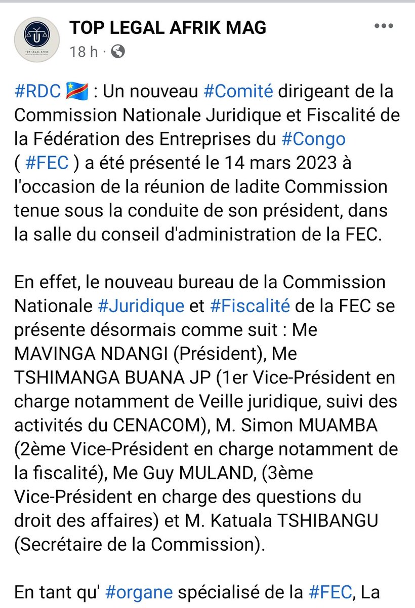 LegalMag's tweet photo. #RDC 🇨🇩 : Me MAVINGA NDANGI (Président), Me TSHIMANGA BUANA JP (1er VP), M. Simon MUAMBA (2ème VP), Me Guy MULAND, (3ème VP) et M. Katuala TSHIBANGU (Secrétaire), composent le nouveau Comité dirigeant de la Commission Nationale Juridique et Fiscalité de la @FECRDC.
#patronat https://t.co/NlqXqDyuiO