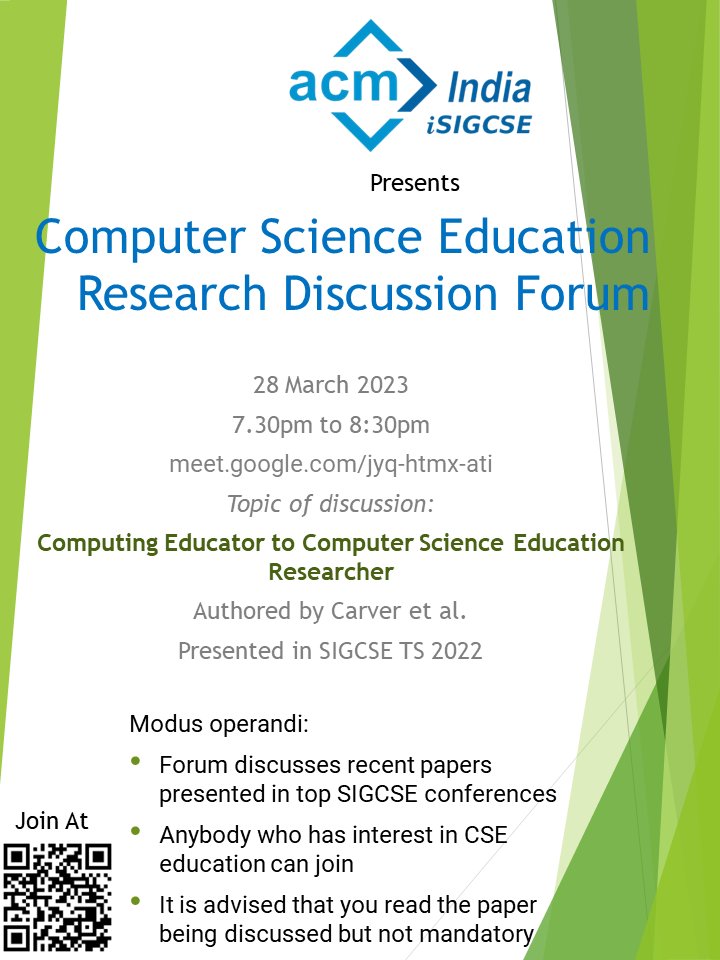 isigcse's tweet image. In the upcoming discussion session, we will discussing the following paper:
Carver et al., "Training Computing Educators to Become Computing Education Researchers." Proceedings of the ACM TS CSE. All are welcome to join