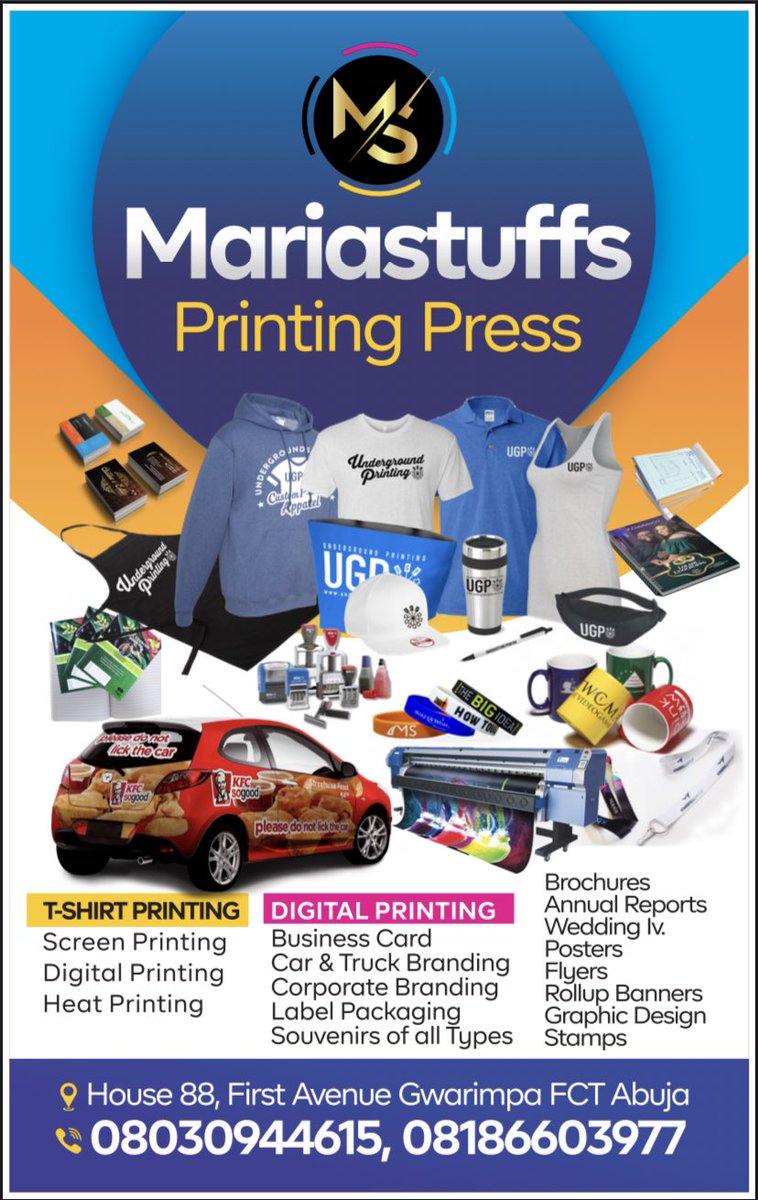 Mariastuffspri1's tweet photo. For all your BRANDING/PACKAGING AND PRINTING NEEDS,send us a DM or 
https://t.co/iDfpoZtUan 
📍ABUJA
House 88, 1ST AVENUE GWARINPA, BESIDE CHICKEN REPUBLIC 
#AbujaTwitterCommunity #abuja #souvenirs #tshirtbranding https://t.co/rcYQni9xPN