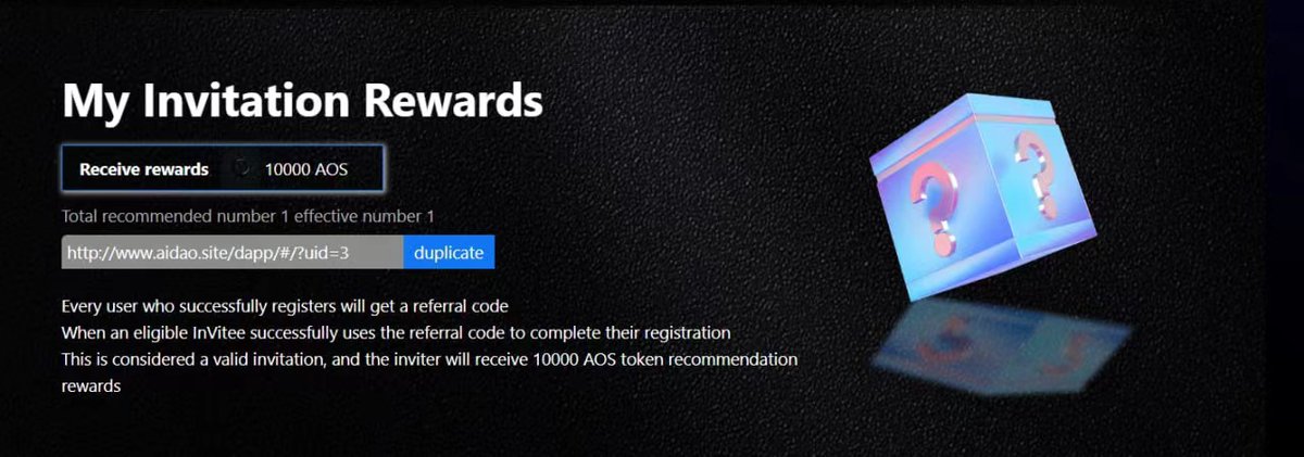 The AI DAO official has launched a $400,000 AOS token early airdrop reward. 

For each invited user who registers, both the inviter and invitee can receive 10,000 $AOS tokens. The link to participate is: aidao.site/dapp/#/pages/i….