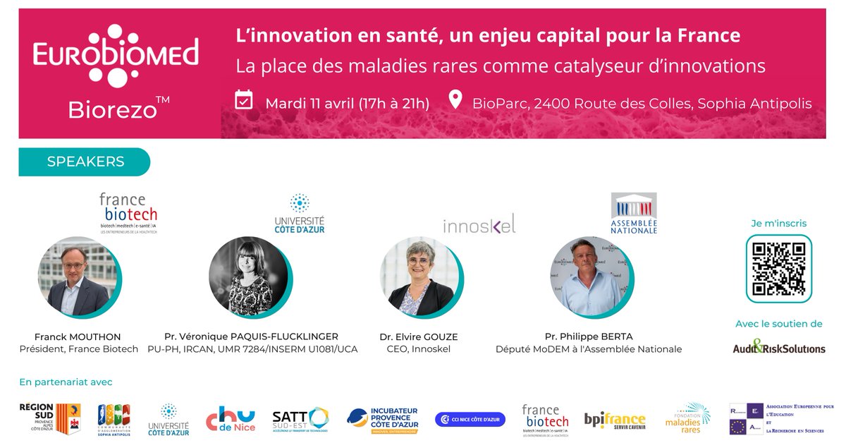 PoleEurobiomed's tweet photo. Le @PoleEurobiomed a le plaisir de vous inviter le 11 avril à son #biorezo intitulé "L #innovation en #santé, un enjeu capital pour la France- La place des #maladies_rares comme catalyseur d'innovations" qui aura lieu au cœur de la #cotedazur! INSCRIPTION👉https://t.co/y0HcGkhjvW https://t.co/582JJbjvpc