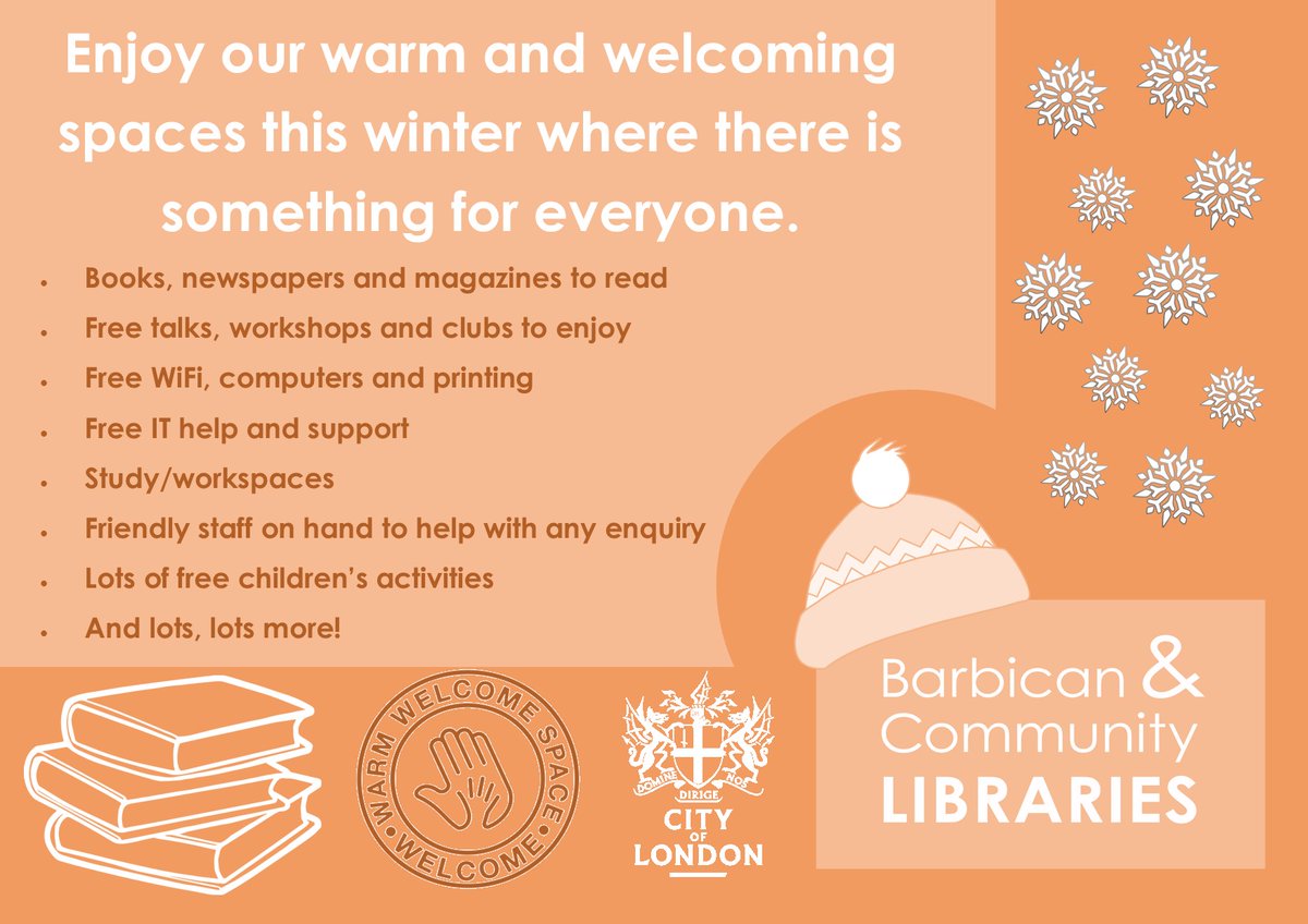 barbicanlib's tweet photo. With warmer weather, hopefully, on its way, we will be ending our #warmlibraries offering at the end of the month.
Until then, feel free to pop in and keep warm, and grab a free cuppa tomorrow and next Wednesday from 11-2pm! https://t.co/dg5gmxN1SF