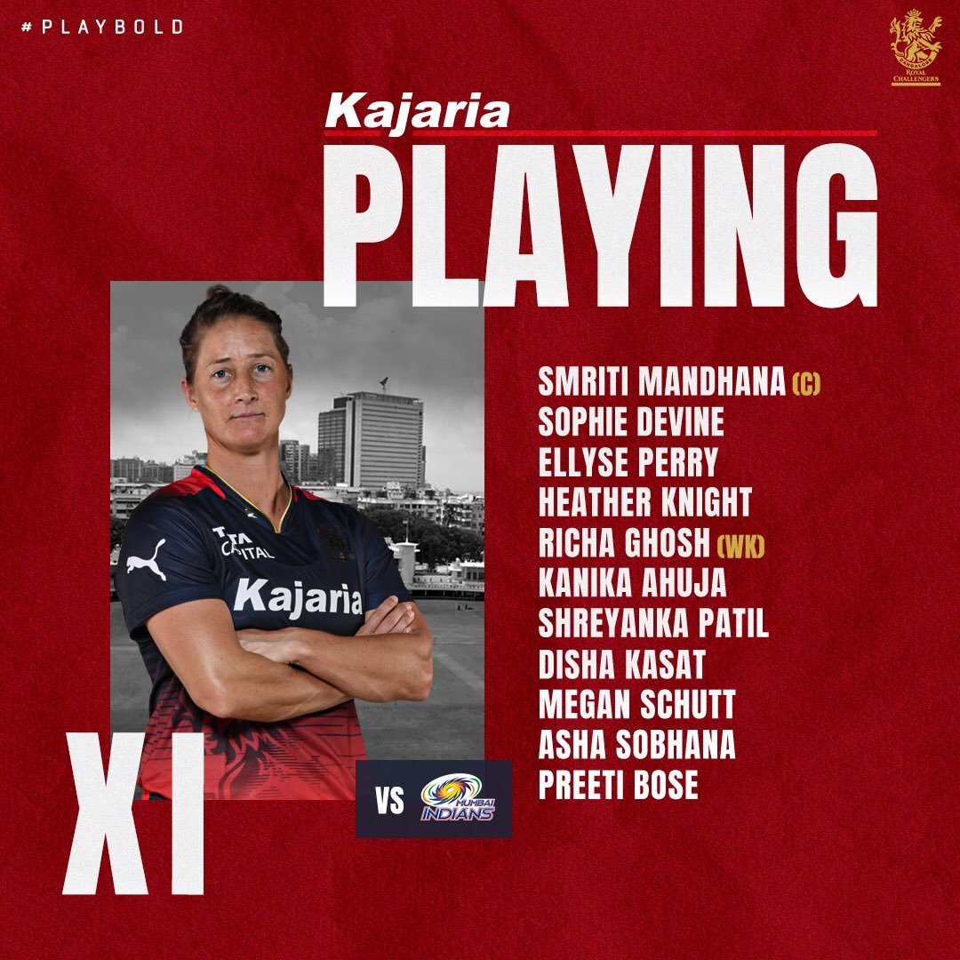 RCBWomenTweets's tweet photo. Mi won the toss &amp; we'll bat first in our last dance at an inaugural season of WPL.

Captain Smriti 🗣️ "We are going with the same team." 👊

#PlayBold #ನಮ್ಮRCB #WPL2023 #RCBvMI @KajariaCeramic https://t.co/GHad2hpwrh