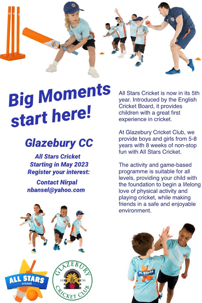 Looking for a fun, friendly sport for 5-8 year olds every Saturday? Then All Stars is perfect.

FREE taster session: Saturday 13th of May, 9:45am-10:30am. 

Link to sign up: ecb.clubspark.uk/AllStars/BookC… 

Contact Nirpal for further information: nbansel@yahoo.com