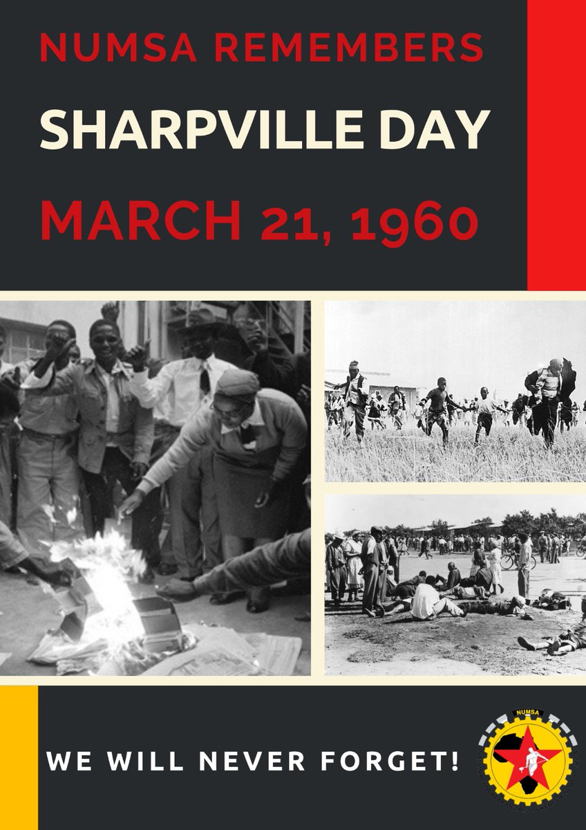 Numsa_Media's tweet photo. NUMSA will never forget #SharpevilleDay when the working class, led by the PAC, staged a massive demonstration to protest against the #Dompas. Dozens of ppl were murdered by the Apartheid police on that day.
@IrvinJimSA
#HumanRightsDay 
#ForTheLoveofTheWorkingClass
❤🖤💛 https://t.co/Js25RgqZV8