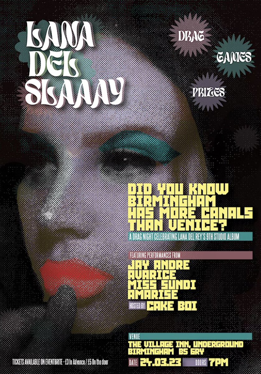 LANA DEL SLAY! 💅🏻 

Join us for our all drag cast celebration of Lana Del Rays 9th studio album, this Friday 24th March at the <a href="/VillageBrum/">Village Inn Birmingham</a> Underground from 7pm! 

Starring @thejayandre Amarise, Avarice Miss Sundi, and @Cak3boi 

Tickets: eventbrite.co.uk/e/lana-del-sla…