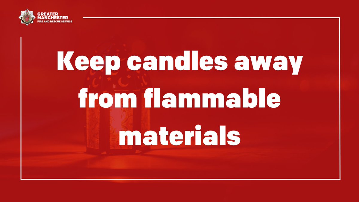 If you’re lighting candles during #Ramadan, please do so safely. ✅ Place candles on a heat-resistant surface ✅ Keep candles away from flammable materials For more advice 👉 manchesterfire.gov.uk/your-safety/fi…