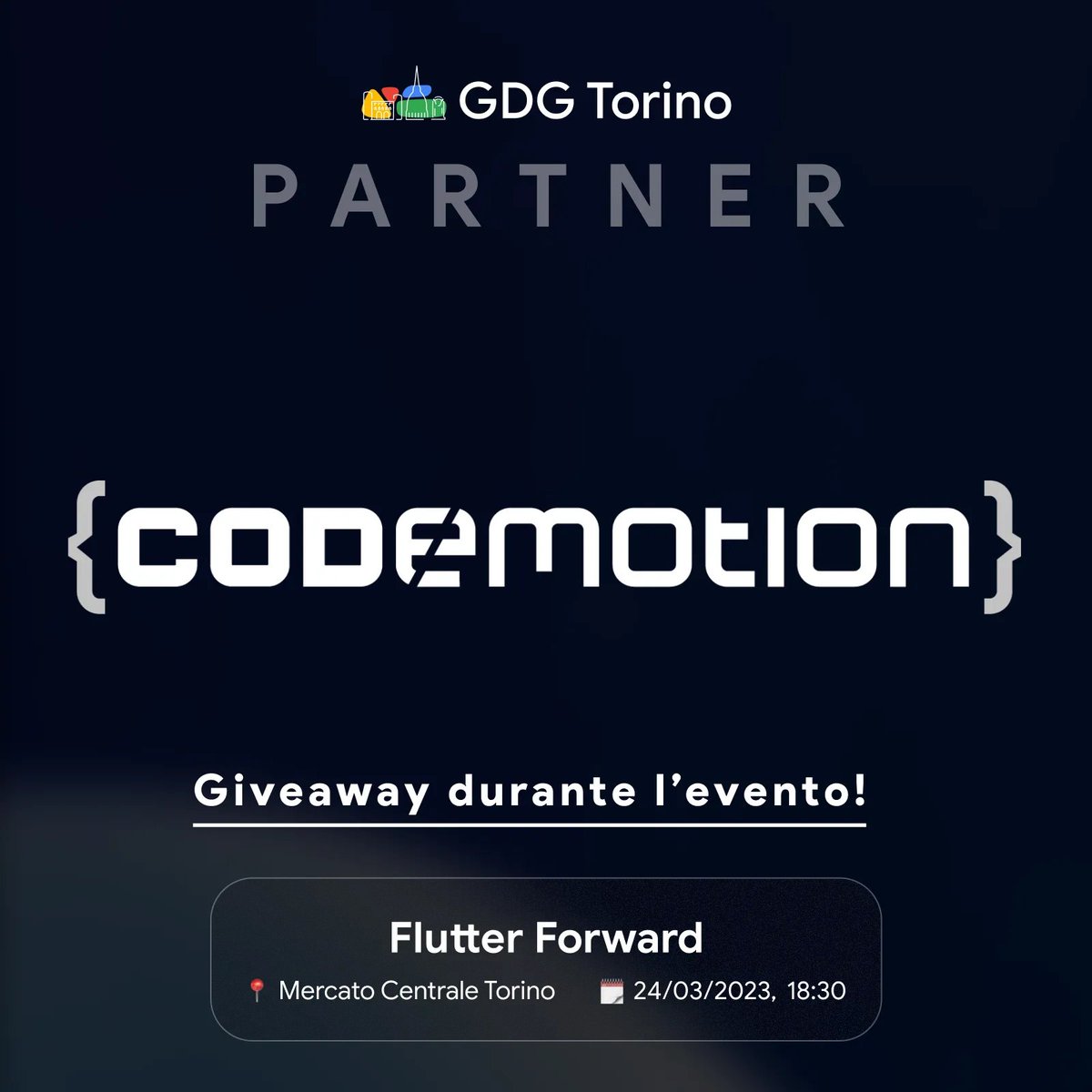 Google Developer Group Torino (@gdgtorino) on Twitter photo Un altro partner con noi, e ci sarà anche un giveaway durante l'evento!
Con noi <a href="/CodemotionIT/">Codemotion</a> 🚀
Flutter Forward
🗓️ 24/03/2023, 18:30
📍 Mercato Centrale Torino
🍕 Ovviamente dopo i talk prendiamoci qualcosa insieme!
🎟️ Prenota il tuo biglietto da qui: buff.ly/3YKl2nz Un altro partner con noi, e ci sarà anche un giveaway durante l'evento!
Con noi <a href="/CodemotionIT/">Codemotion</a> 🚀
Flutter Forward
🗓️ 24/03/2023, 18:30
📍 Mercato Centrale Torino
🍕 Ovviamente dopo i talk prendiamoci qualcosa insieme!
🎟️ Prenota il tuo biglietto da qui: buff.ly/3YKl2nz