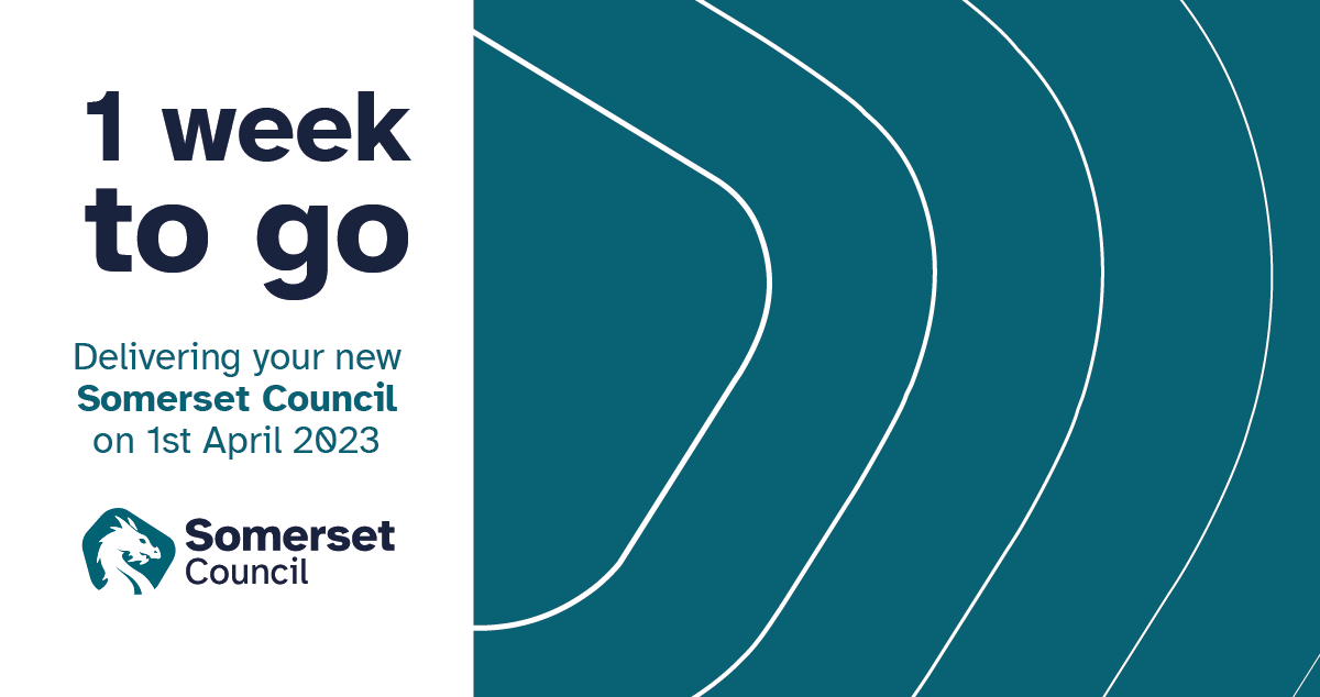Somerset's 5️⃣ councils will become 1️⃣ NEXT WEEK! 📅

#SomersetCouncil is nearly here - vesting day is on 1st April 2023. 

Find out more about the new Somerset Council 👉 newsomersetcouncil.org.uk
