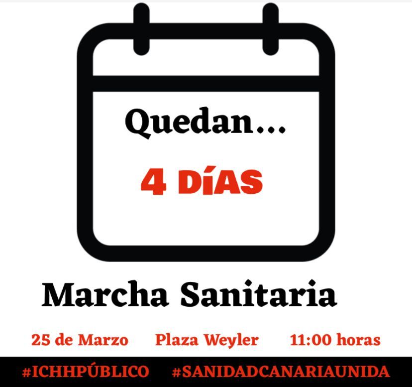 <a href="/AnticapiCanaria/">Anticapitalistas Canarias</a> <a href="/anticapi/">Anticapitalistas</a> <a href="/camargoraul/">Raúl Camargo</a> <a href="/dquimar/">Daniel Quintero</a> <a href="/PublicoIchh/">ICHHPúblico</a> <a href="/SanidadCanariaU/">Sanidad Canaria Unida</a> <a href="/MiguelUrban/">Miguel Urbán Crespo</a> <a href="/PoderPopularWeb/">PoderPopular.info</a> <a href="/RSanBorondon/">Radio San Borondón</a> <a href="/radioguiniguada/">Radio Guiniguada</a> <a href="/elpaiscanario/">EL PAÍS CANARIO</a> <a href="/lacasademitia/">La casa de mi tia</a> Acude! Tu salud está en juego.
SANIDAD PÚBLICA Y DE CALIDAD:

¿Te vienes el día 25 de marzo a las 11h a las dos capitales de provincia de Canarias?

Esperamos que sí, Plaza Weyler en SC y San Telmo en LP.

¡Suma! 
<a href="/democraciareal/">Democracia real YA!</a> <a href="/CCOOCanarias/">CCOO Canarias #AquiSeguimos</a> <a href="/FSCdeCCOO/">FSC-CCOO</a> <a href="/mareablancaESP/">Marea Blanca Estatal</a> <a href="/REDROJA4/">RED ROJA 🔻</a>