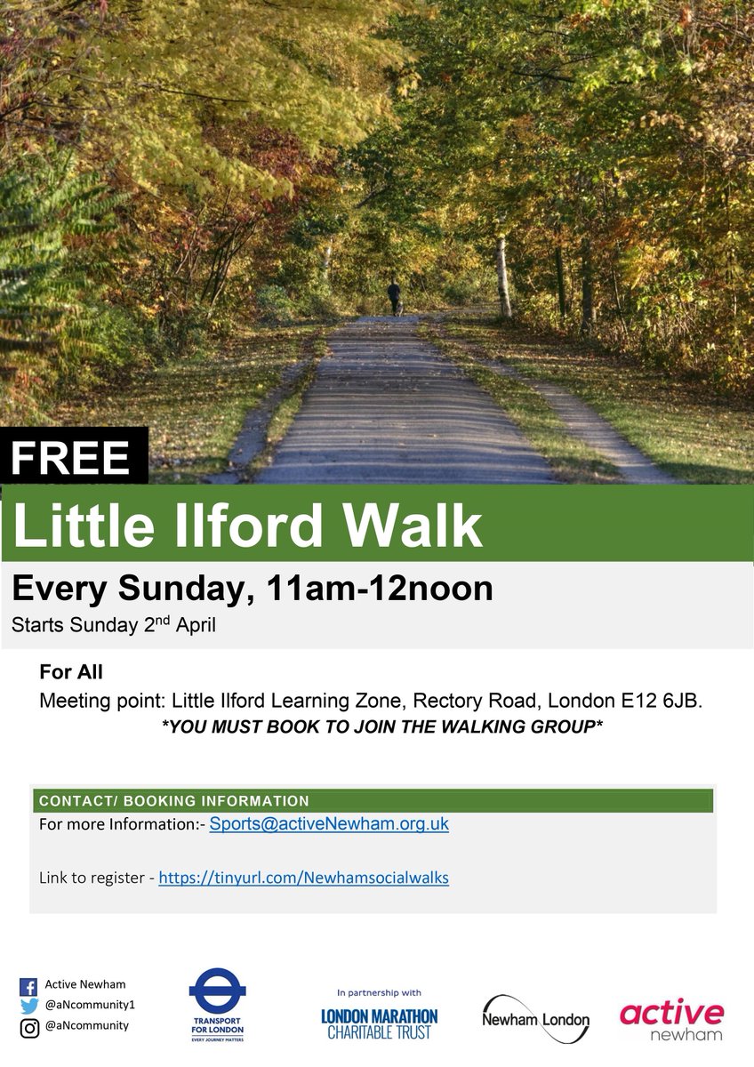 ActiveNewham - Community Team (@ancommunity1) on Twitter photo Activenewham will be leading a weekly walking sessions every Sunday around Little Ilford. This is a great way of getting active and enjoying the green spaces in Newham.
Don’t forget to book your space: tinyurl.com/Newhamsocialwa…
.<a href="/NewhamLondon/">Newham London 💙</a> Activenewham will be leading a weekly walking sessions every Sunday around Little Ilford. This is a great way of getting active and enjoying the green spaces in Newham.
Don’t forget to book your space: tinyurl.com/Newhamsocialwa…
.<a href="/NewhamLondon/">Newham London 💙</a>