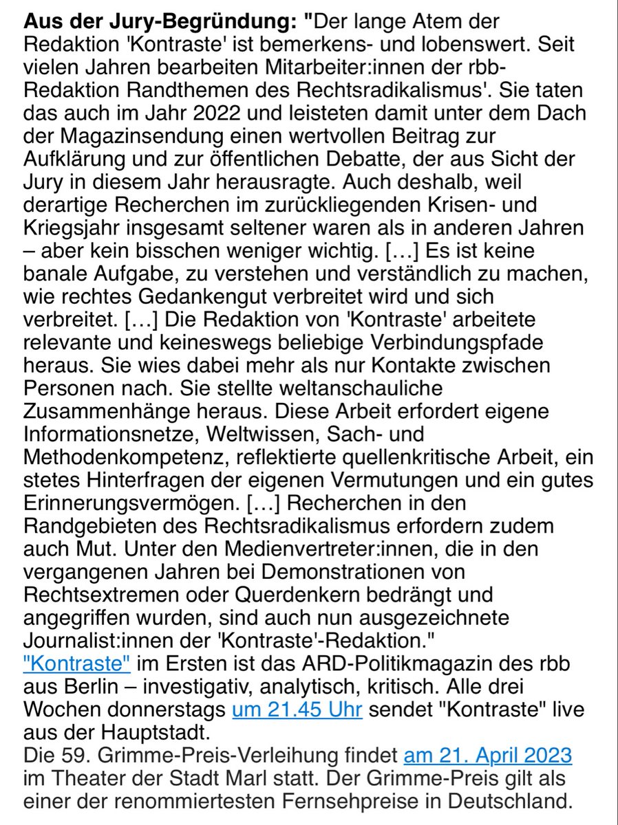ARDKontraste's tweet photo. Unsere Redaktion erhält den #Grimmepreis in der Kategorie „besondere journalistische Leistung“. Wir freuen uns sehr! https://t.co/RmFS8c0uWQ