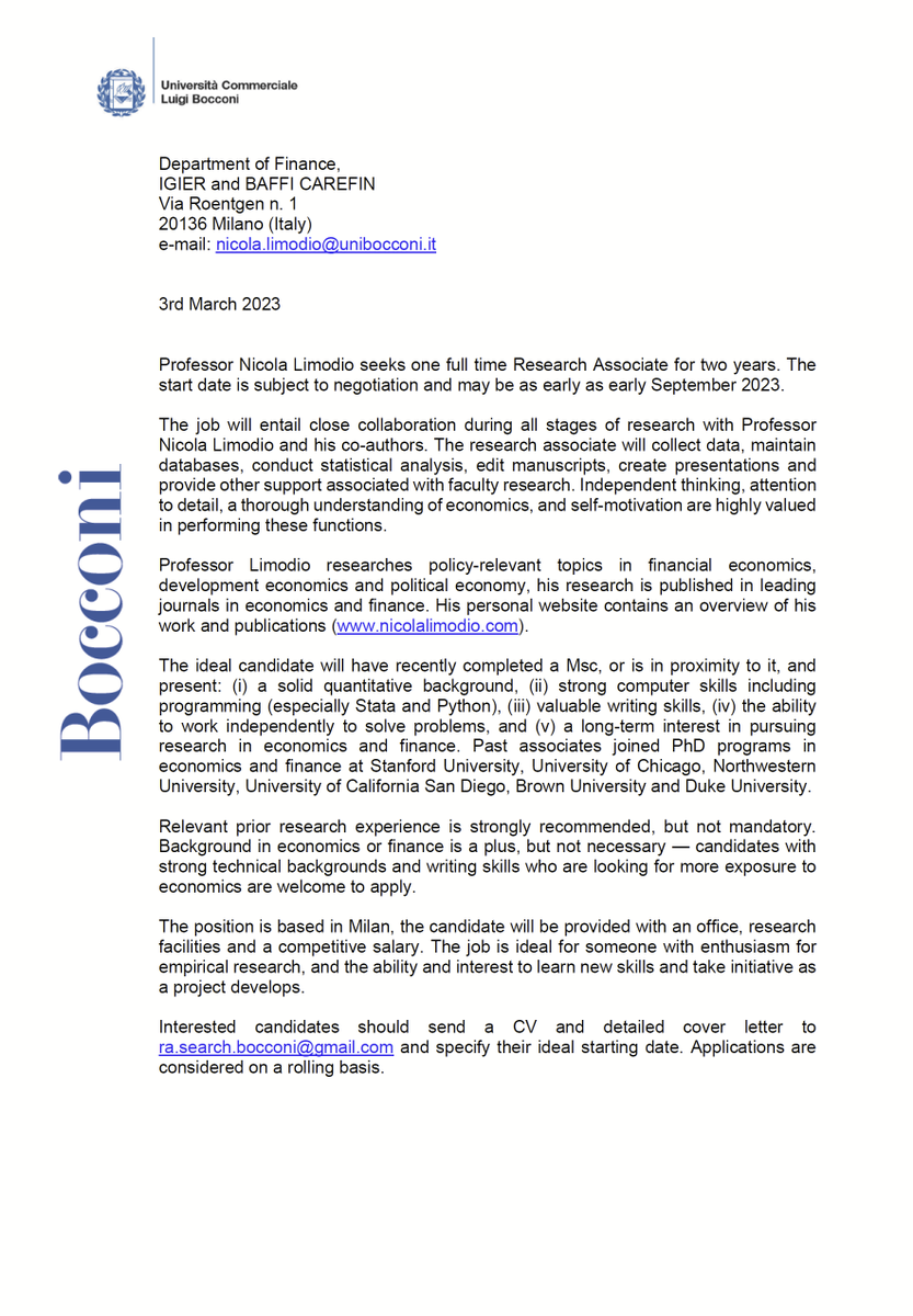 Hi #EconTwitter &amp; <a href="/econ_ra/">Econ RA Listings</a>, I am looking for 1 Predoctoral Associate to join me at <a href="/Unibocconi/">Università Bocconi</a> for two years! Exciting new projects in #Finance, #Development &amp; #PoliticalEconomy. Past associates are in PhDs at <a href="/UChicago/">The University of Chicago</a>, <a href="/KelloggSchool/">Kellogg School</a>, <a href="/BrownUniversity/">Brown University</a> &amp; more. RT &amp; apply!