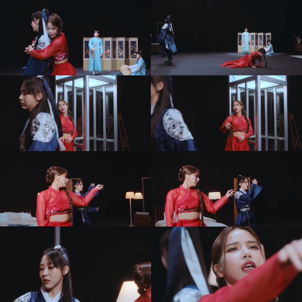 KIWIBYULIE's tweet photo. i love how the mv shows the breakup/separation

- red vs blue
- two rooms on opposite sides facing each other
- the barrier in between them as they fight
- the ladders either side of the moon
- moonbyul inside the phone booth vs solar on the outside

yet solar still longs for her https://t.co/vCT6LCGaJh