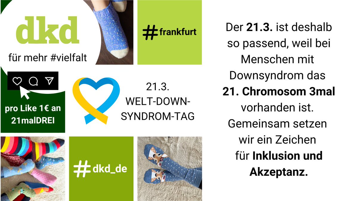 dkd_de's tweet photo. 📣 Zum #WeltDownSyndromTag starten wir eine Aktion, um Menschen mit #Downsyndrom zu bestärken.
Pro Like ❤️ unseres Beitrags spenden wir 1 € und max. 321 € an #21malDREI - Initiative Trisomie 21 Frankfurt e.V.
#wdst2023 #dkd_de #frankfurt #dkdspendet #pleaselike https://t.co/eTTYlJ670R