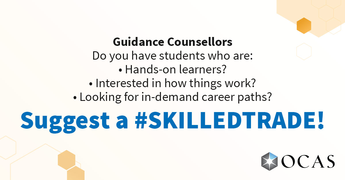 OCASpartners's tweet photo. Guidance counsellors: Do you talk to your students about the skilled trades? These in-demand industries are great for hands-on learners. More info at https://t.co/vEAX9Q9dH9.

#Skilledtrades #tradesandtechnologies #oncollege https://t.co/7tCgjDDMmy