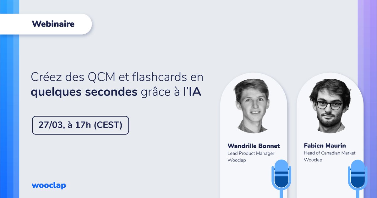 📣 Woobinar dans moins d’une semaine !

🤝 Comment créer des QCM et flashcards en quelques secondes grâce à l’IA ?

📅 Lundi 27 mars à 17h

Rejoignez nos experts <a href="/fab_maurin/">Fab Maurin</a>, Head of Canadian Market et <a href="/WandrilleBonne1/">Wandrille Bonnet</a>, Lead Product Manager.