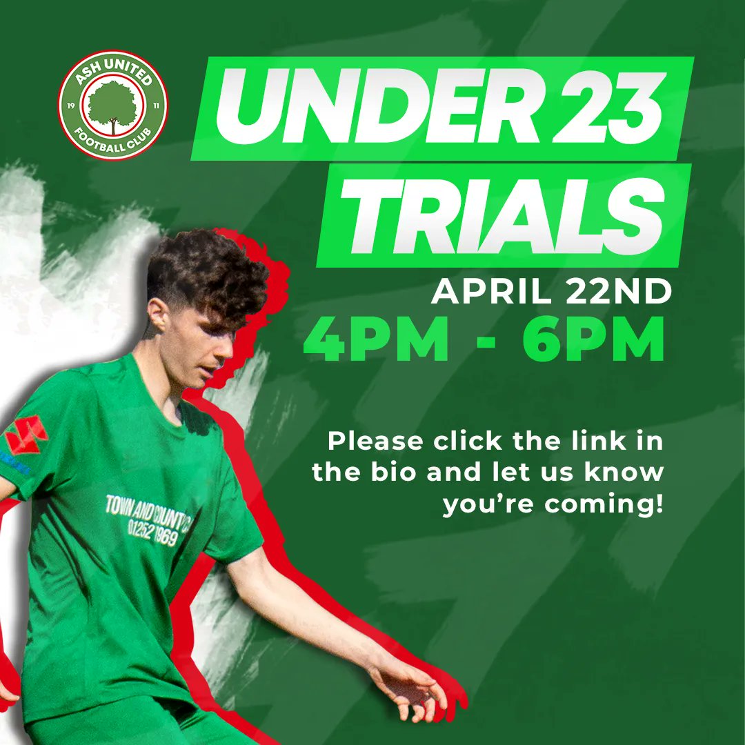 AshUnitedRes's tweet photo. Do you want an opportunity to play for Ash United? ⚽ 

Now you can! We are holding trials for our under 23 sqaud for the upcoming season.

All you have to do is fill in the form in our bio and let us know you are attending our trials!

#AshUnited #GreenArmy #Trials 🌳 🟢 🔴 https://t.co/tGp0vj70ku
