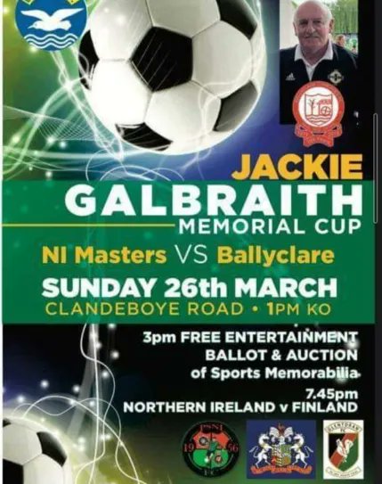 BallyclareFC's tweet photo. This Sunday all roads lead to Clandeboye Park, where Comrades Over 35's will face the NI Masters in memory of Jackie Galbraith. 

Comrades will have a mixture of players that played for us in the Premier, some of our 1997 Ulster Cup and 2006/07 Second Division champions squads. https://t.co/qtPtpAWbAA
