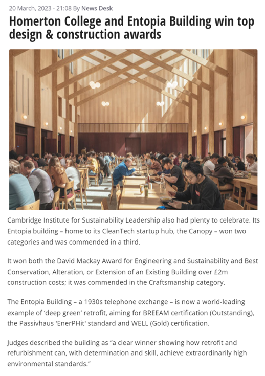 🏅We won!🏅

CISL's sustainable HQ, the Entopia Building won *two* awards at the Greater Cambridge Design &amp; Construction Awards 2023.

Our CEO @ClareShine_CISL says in <a href="/businessweekly/">Business Weekly</a>:

“To win the David Mackay Award for Engineering and Sustainability is a great privilege.”