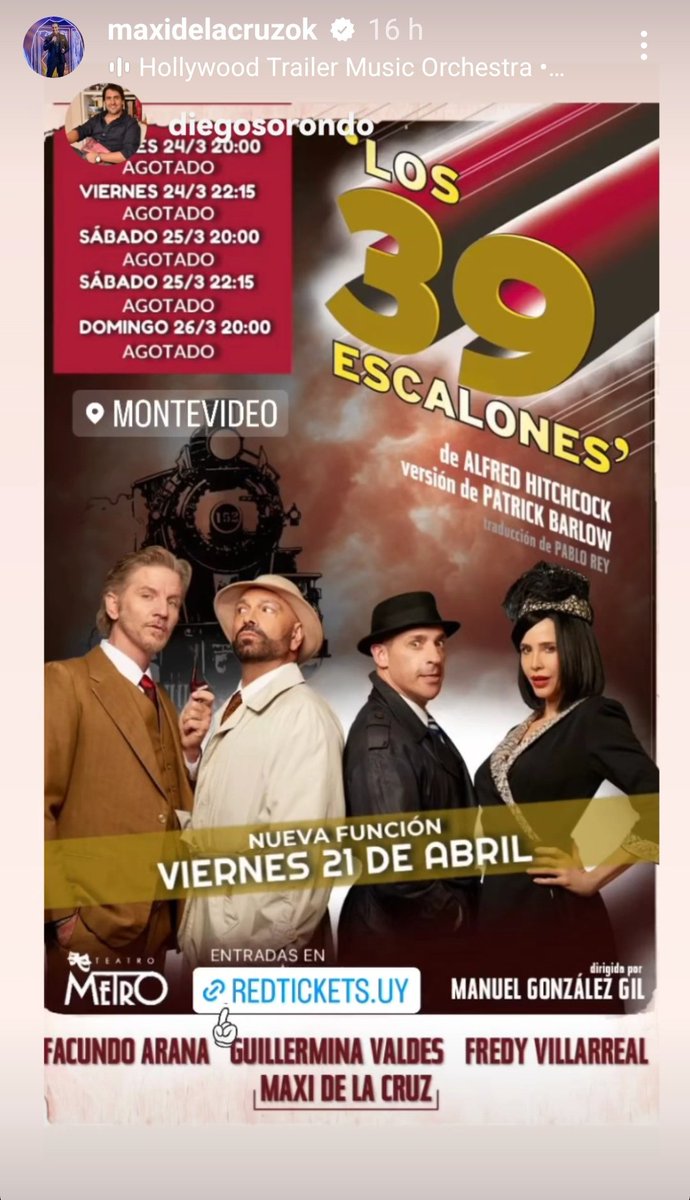 Por funciones agotadas se agrega una nueva función de Los 39 escalones en Teatro Metro de Montevideo.Elenco : @guillevaldes @Facundo_Arana @fredy_pv @Maxidelacruz