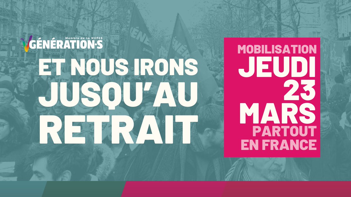 📢 Jeudi 23 Mars la mobilisation sociale se poursuit.

Nous serons nombreuses et nombreux dans nos rues pour dénoncer la méthode d'E. Macron et pour obliger le gouvernement à retirer sa #ReformeDesRetraites ! 

On continue ! ✊✊