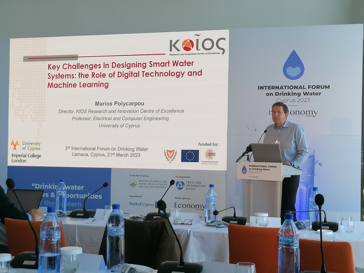 Prof. Polycarpou presenting the key challenges of smart water system at the International Forum on Drinking Water <a href="/UCYOfficial/">University of Cyprus</a> <a href="/KIOSCoE/">KIOS Research and Innovation Center of Excellence</a> <a href="/tsouroullis/">Chr.Tsouroullis</a>