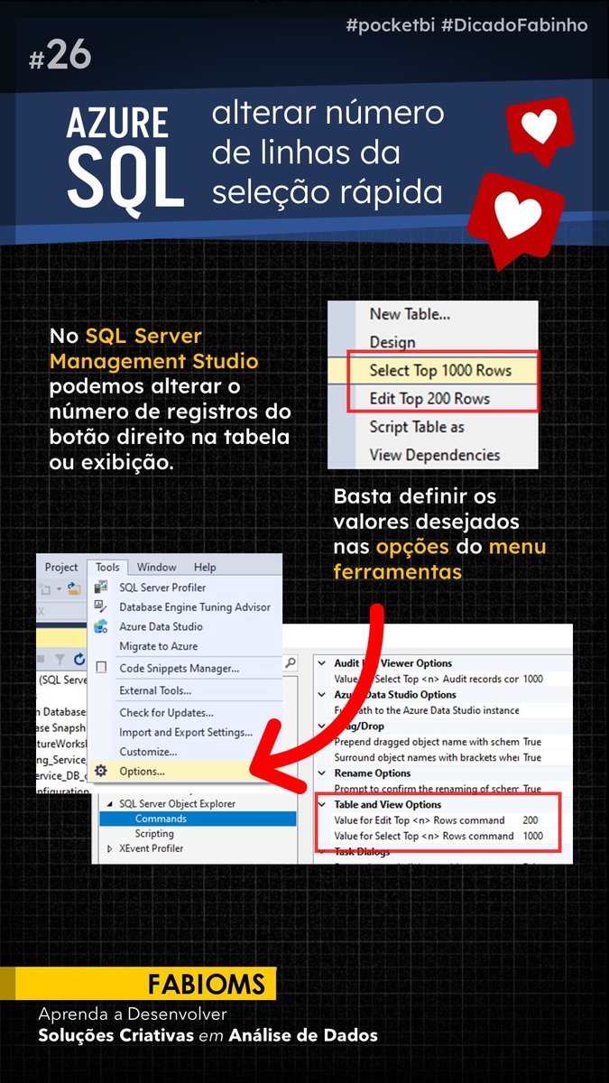 fabioms_br's tweet image. Alterar número de linhas da seleção rápida no SQL Server Management Studio

😉 Gostou do conteúdo? Inscreva-se também no canal:
fabioms.com.br/?url=youtube-s…

#microsoft #dataplataform #dataanalyst #sqlserver #azure #sql #database #pocketbi #DicaDoFabinho