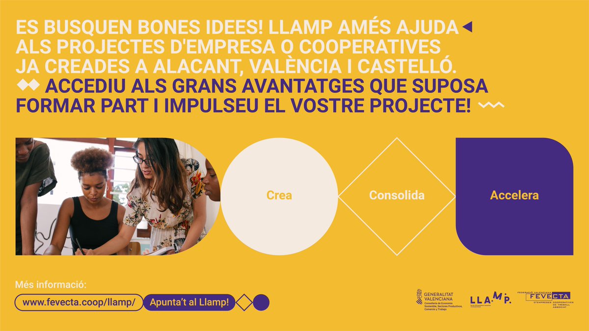 FEVECTA's tweet image. 📢 ATENCIÓ!

Busquem cooperatives ja consolidades o bones idees que estan esperant a materialitzar-se en empresa. Obert per a tot el territori: Alacant, València i Castelló.

⚡️ El projecte #LLAMP crea, consolida i accelera.

➕info: fevecta.coop/llamp