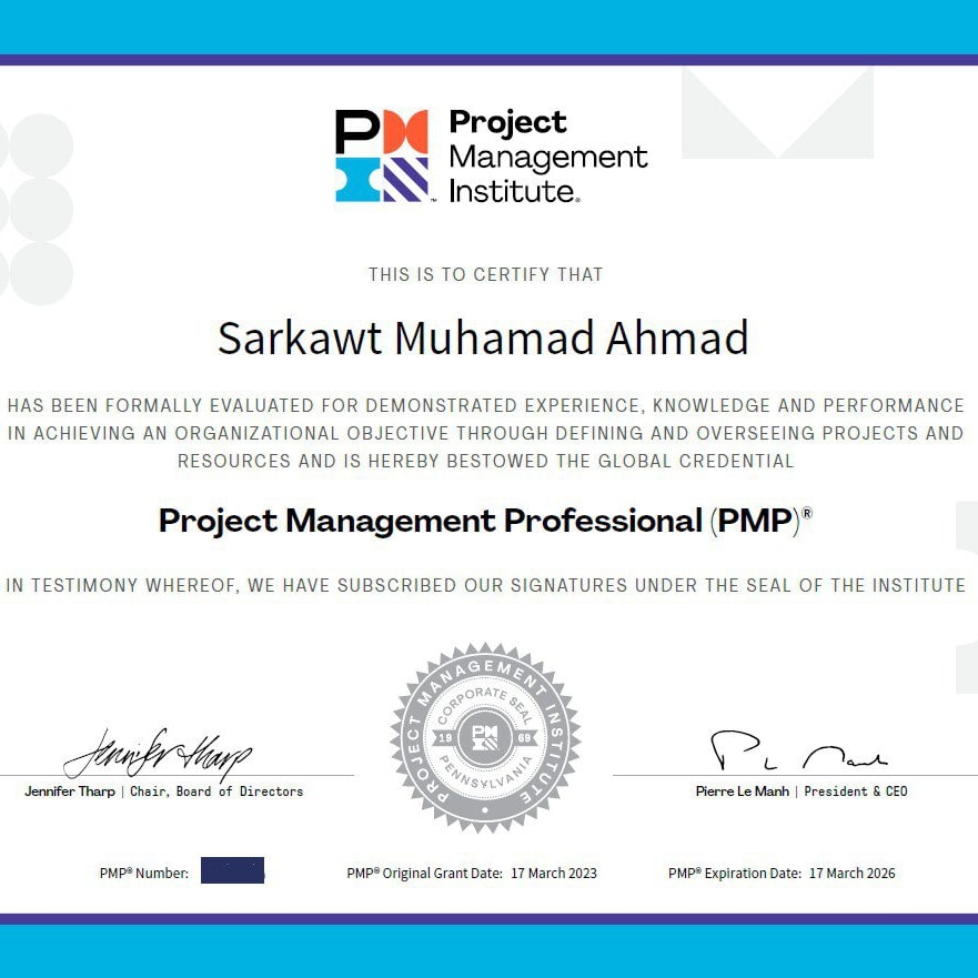 وتتواصل سلسلة النجاحات لمتدربينا..
بحمد الله اجتاز الاستاذ سركوت امتحان PMP وبدرجة متميزة Above Target.
الف مبروك ونتمناله المزيد من النجاح والتفوق .