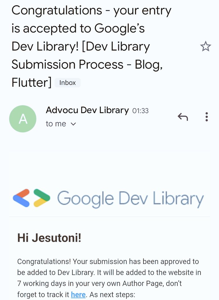 ToniAderibigbe's tweet image. It&apos;s finally happening......

I am super excited to announce that my Flutter Article has been approved to be added to the Google Dev Library.
It&apos;s an honour to have my work recognised by such a respected platform.

#GoogleDevLibrary
@Busyb3e_ 
@developerjamiu 
@flutterbytes_c